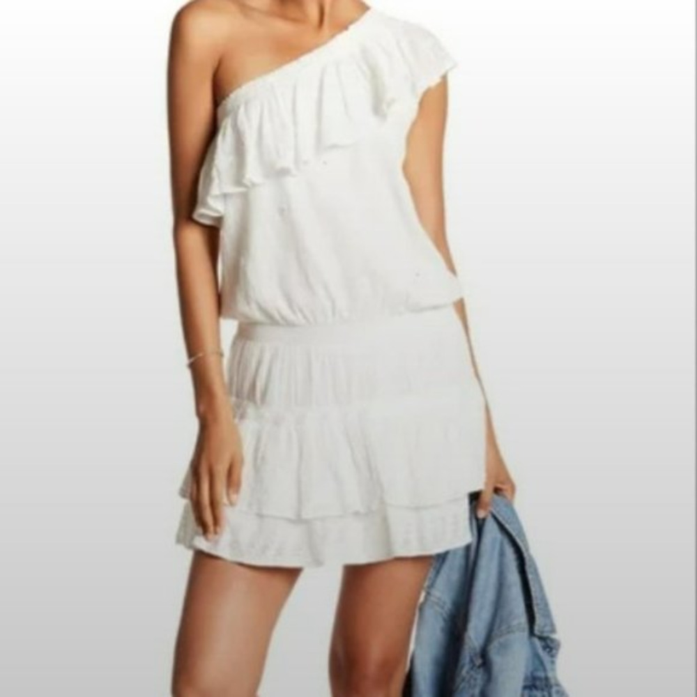 Joie Kolda One-Shoulder Ruffle Cap Sleeve Cotton White Mini Dress Size M